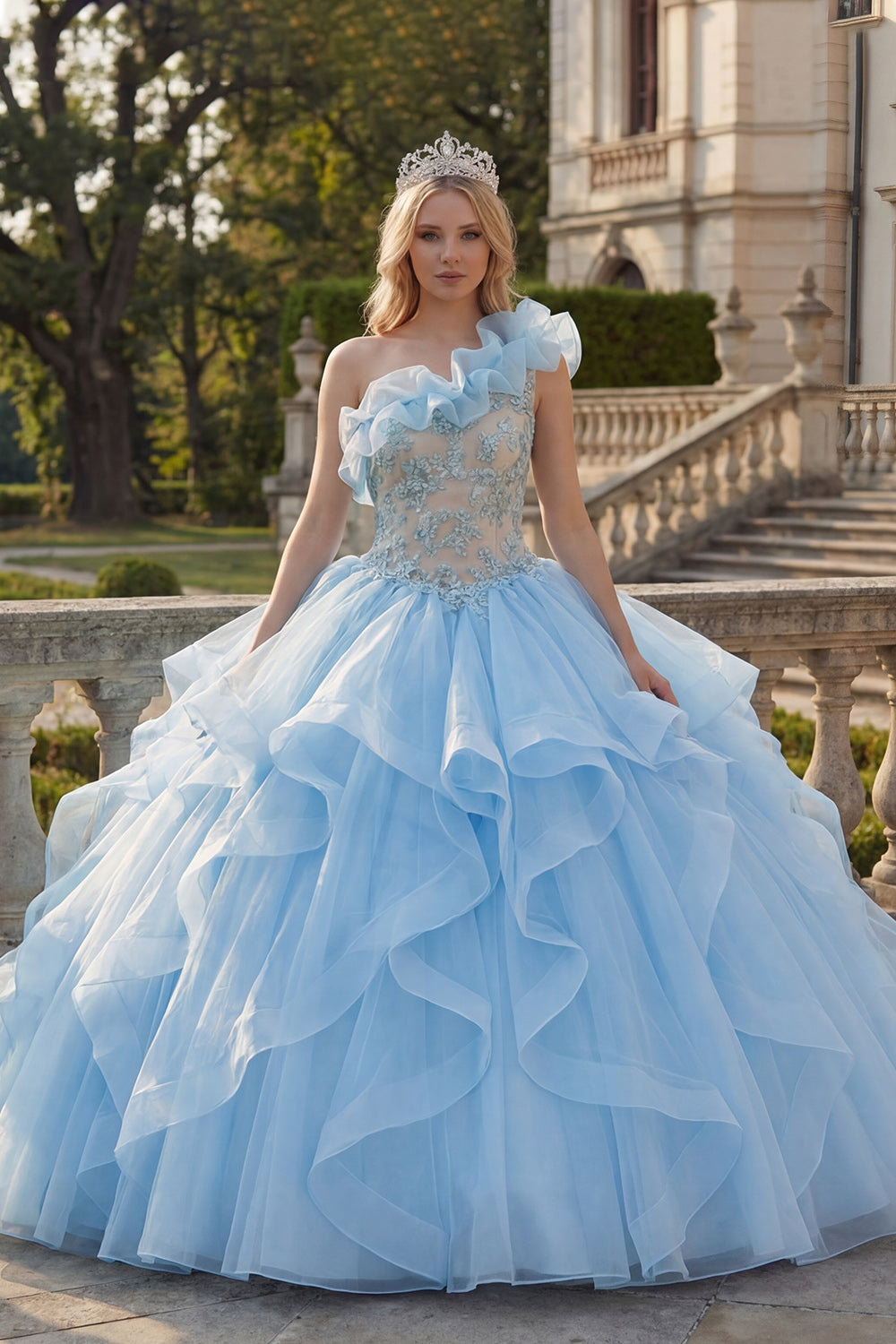 Ruffled Sky Blue One Shoulder Long Princess Quinceanera Dress with Lace