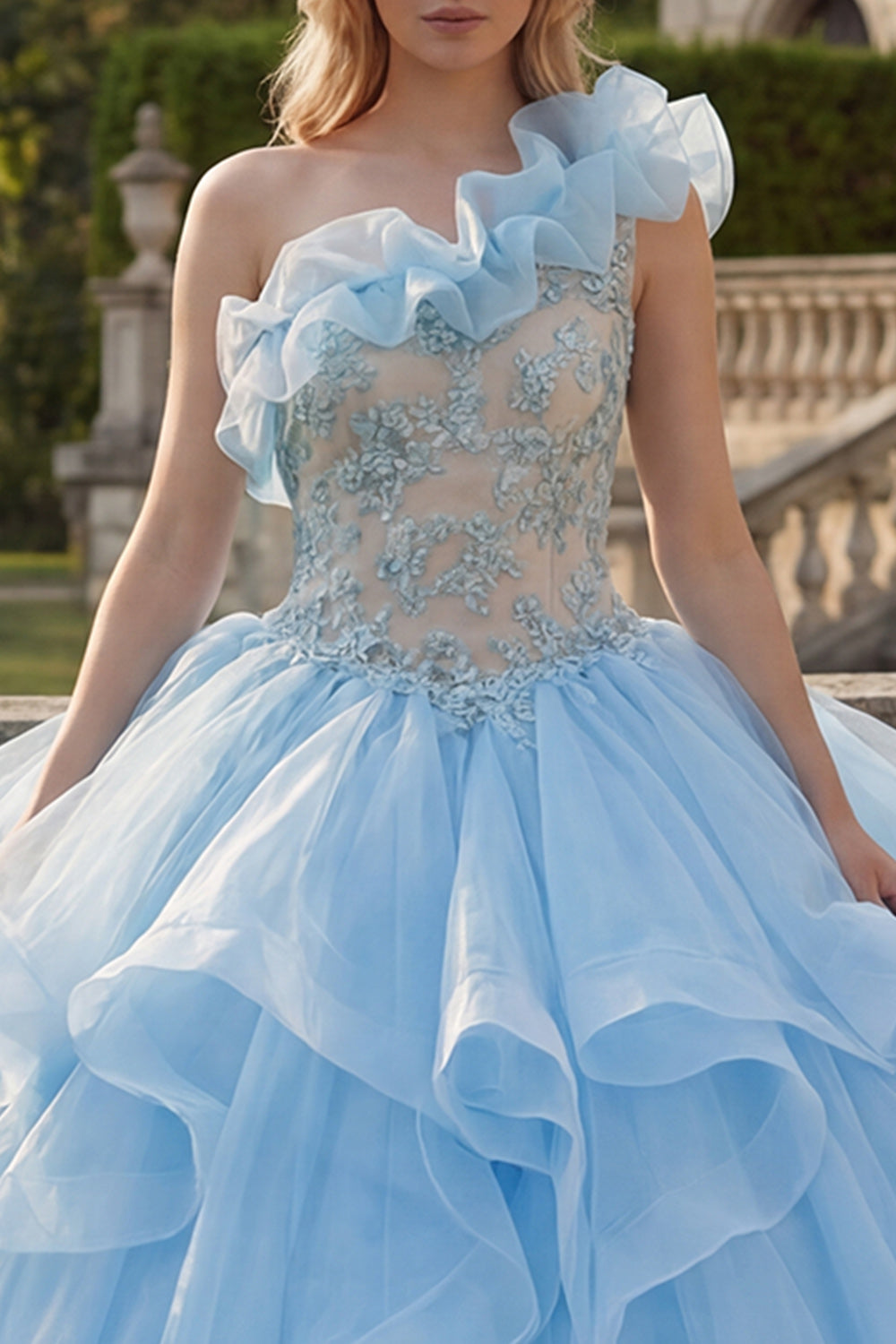 Ruffled Sky Blue One Shoulder Long Princess Quinceanera Dress with Lace