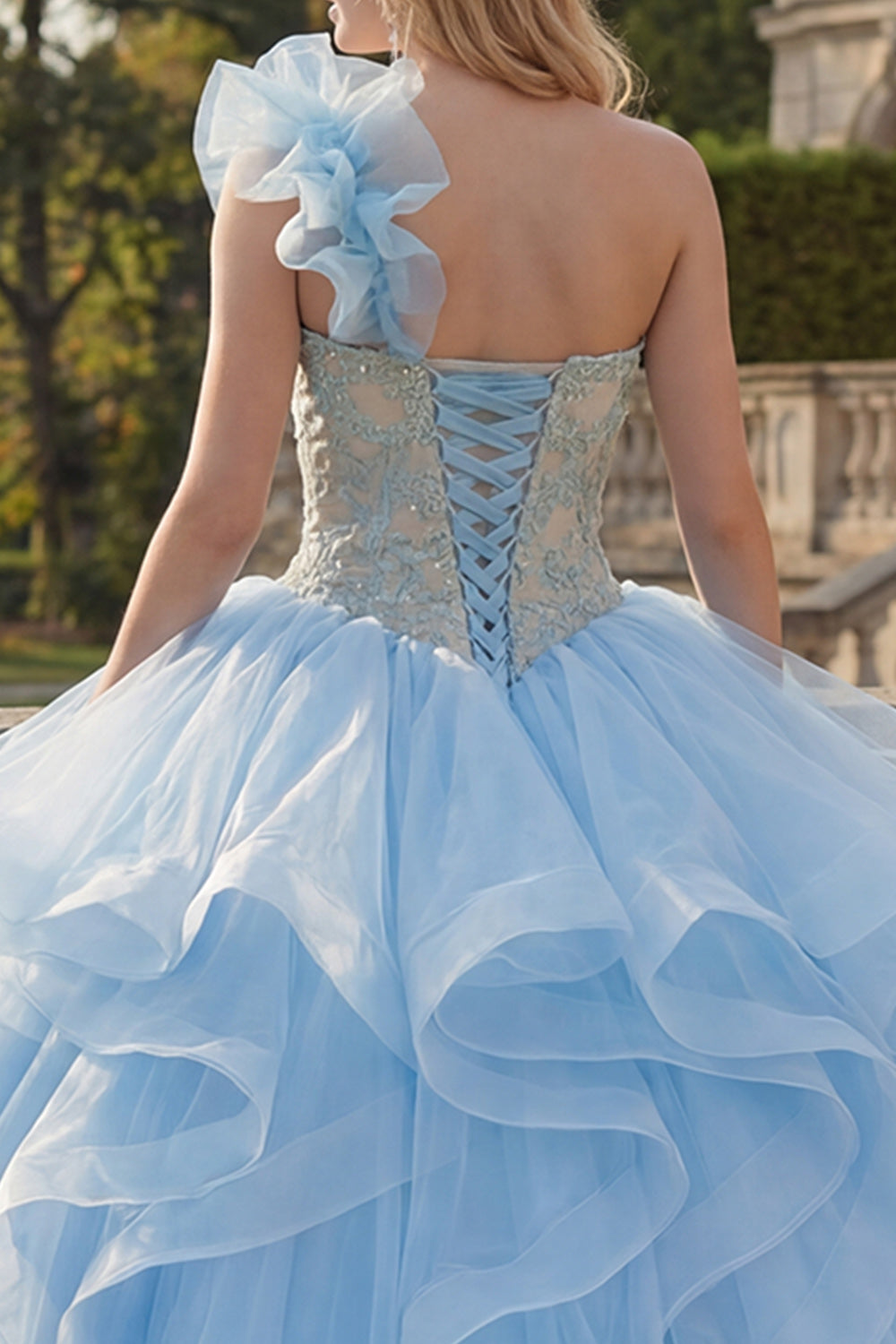 Ruffled Sky Blue One Shoulder Long Princess Quinceanera Dress with Lace