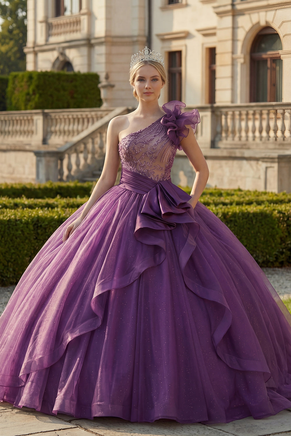 Dark Purple Ruffled Long Glitter Princess Quinceanera Dress with Beading