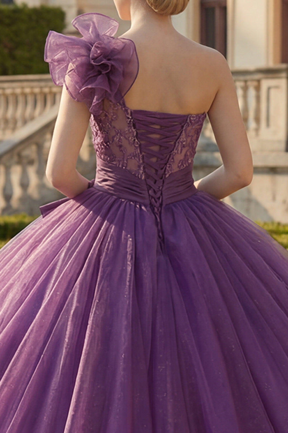 Dark Purple Ruffled Long Glitter Princess Quinceanera Dress with Beading