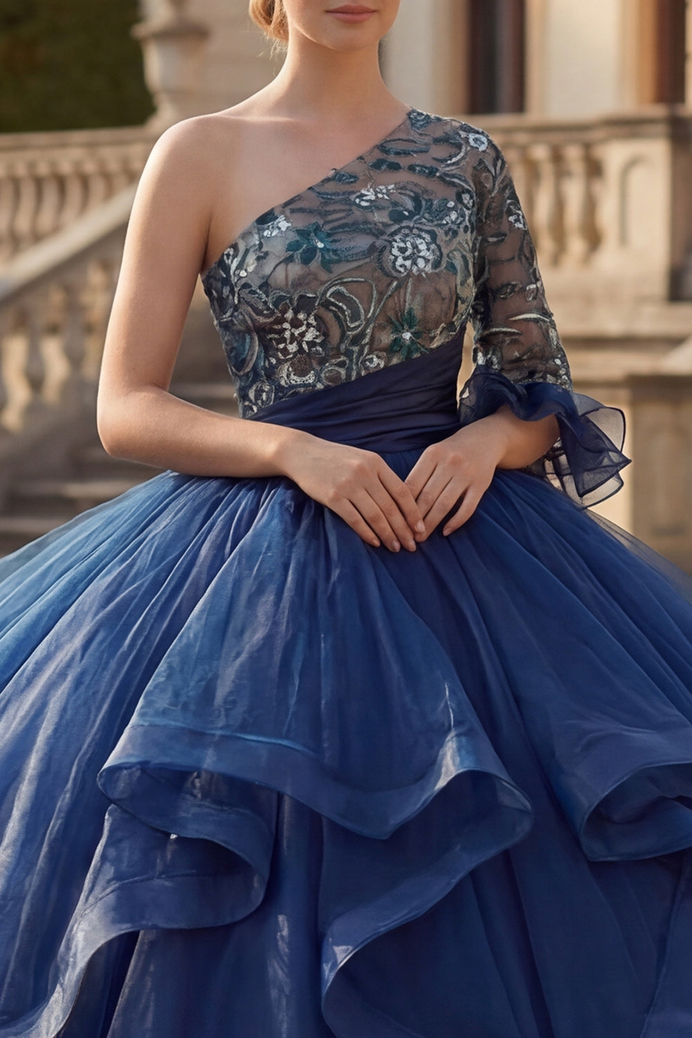 Navy Floral One Shoulder Princess Long Quinceanera Dress with Ruffles