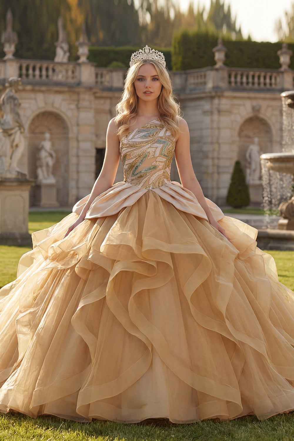 Ruffled Long Sequin Sparkly Champagne Princess Quinceanera Dress