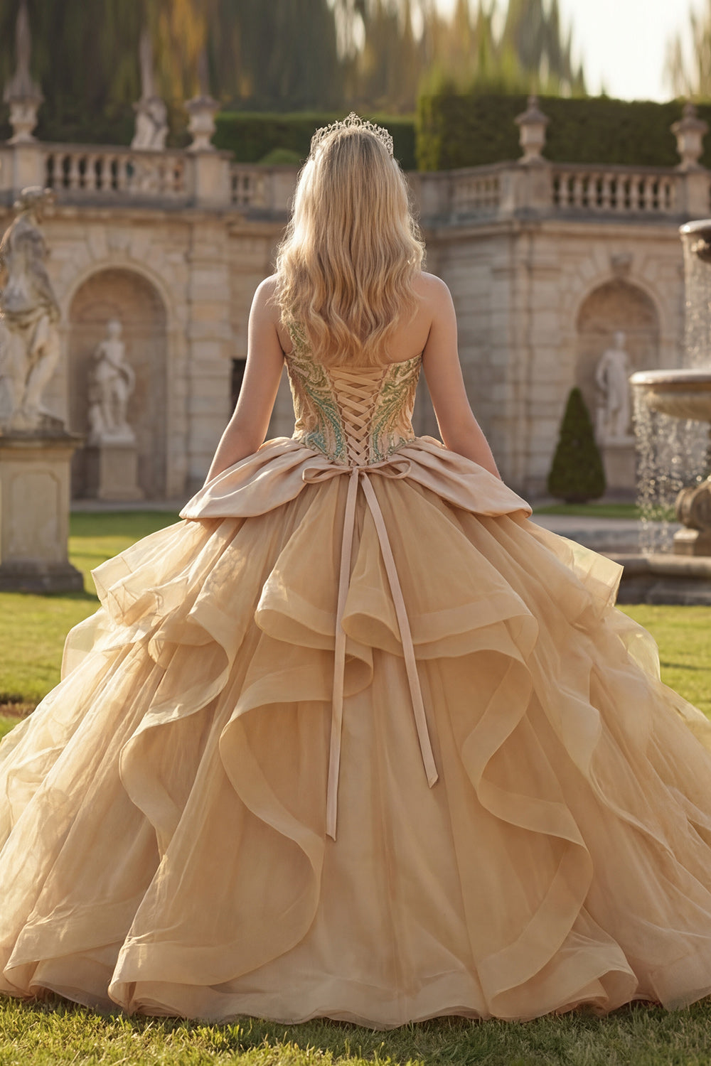 Ruffled Long Sequin Sparkly Champagne Princess Quinceanera Dress