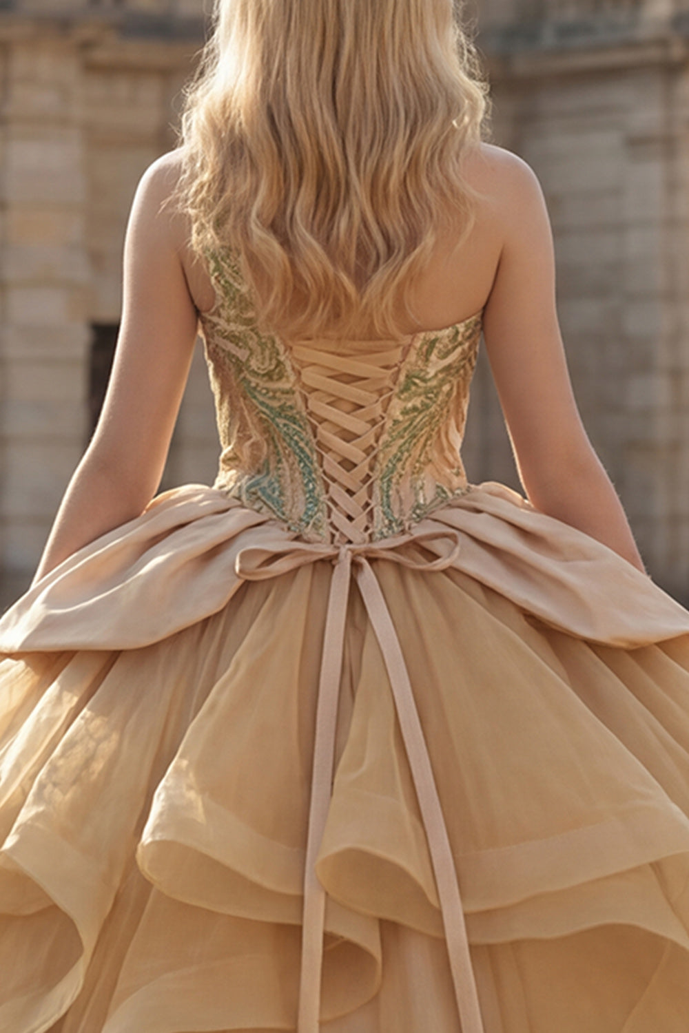 Ruffled Long Sequin Sparkly Champagne Princess Quinceanera Dress