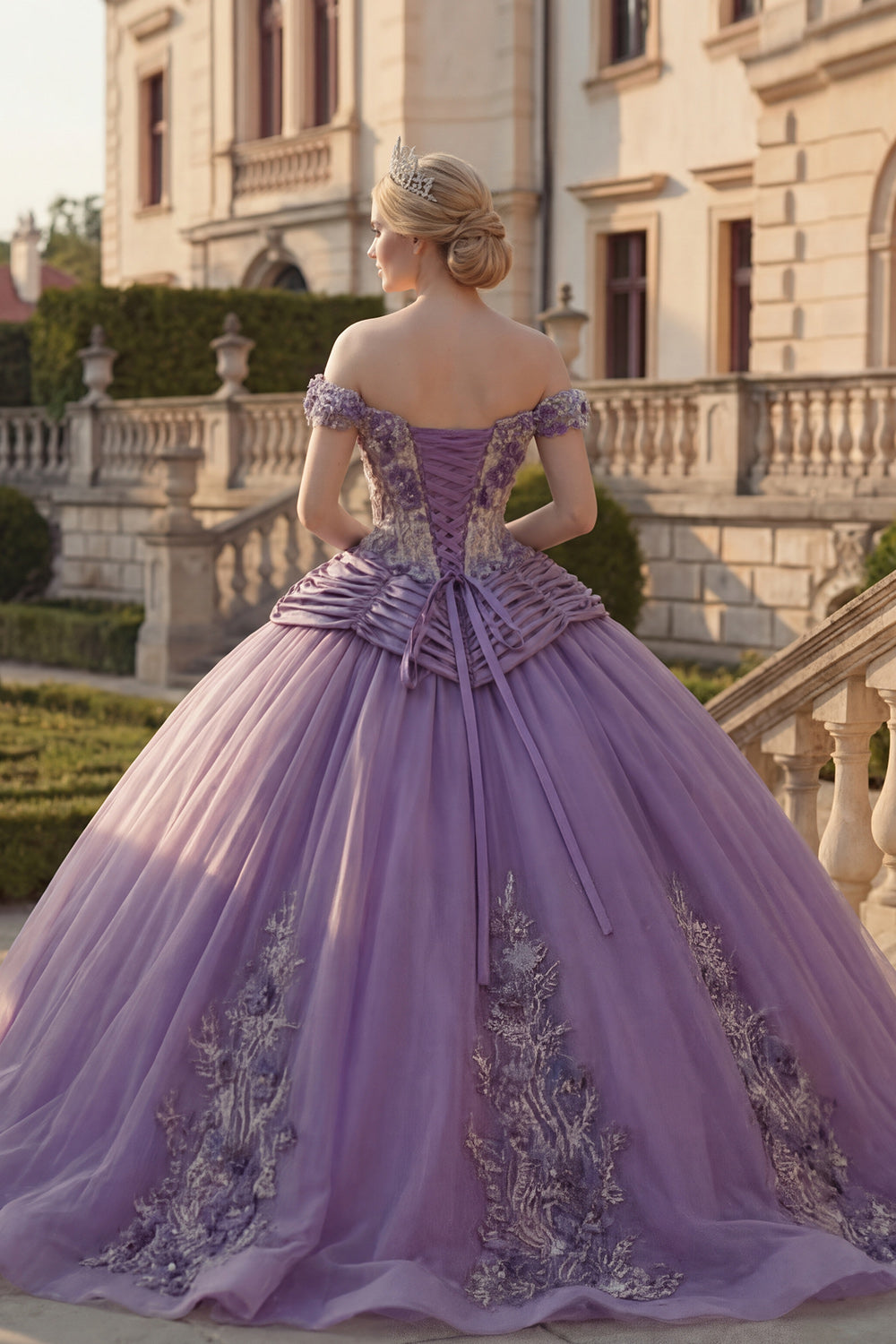 Purple Off the Shoulder Floral Ruched Princess Long Quinceanera Dress