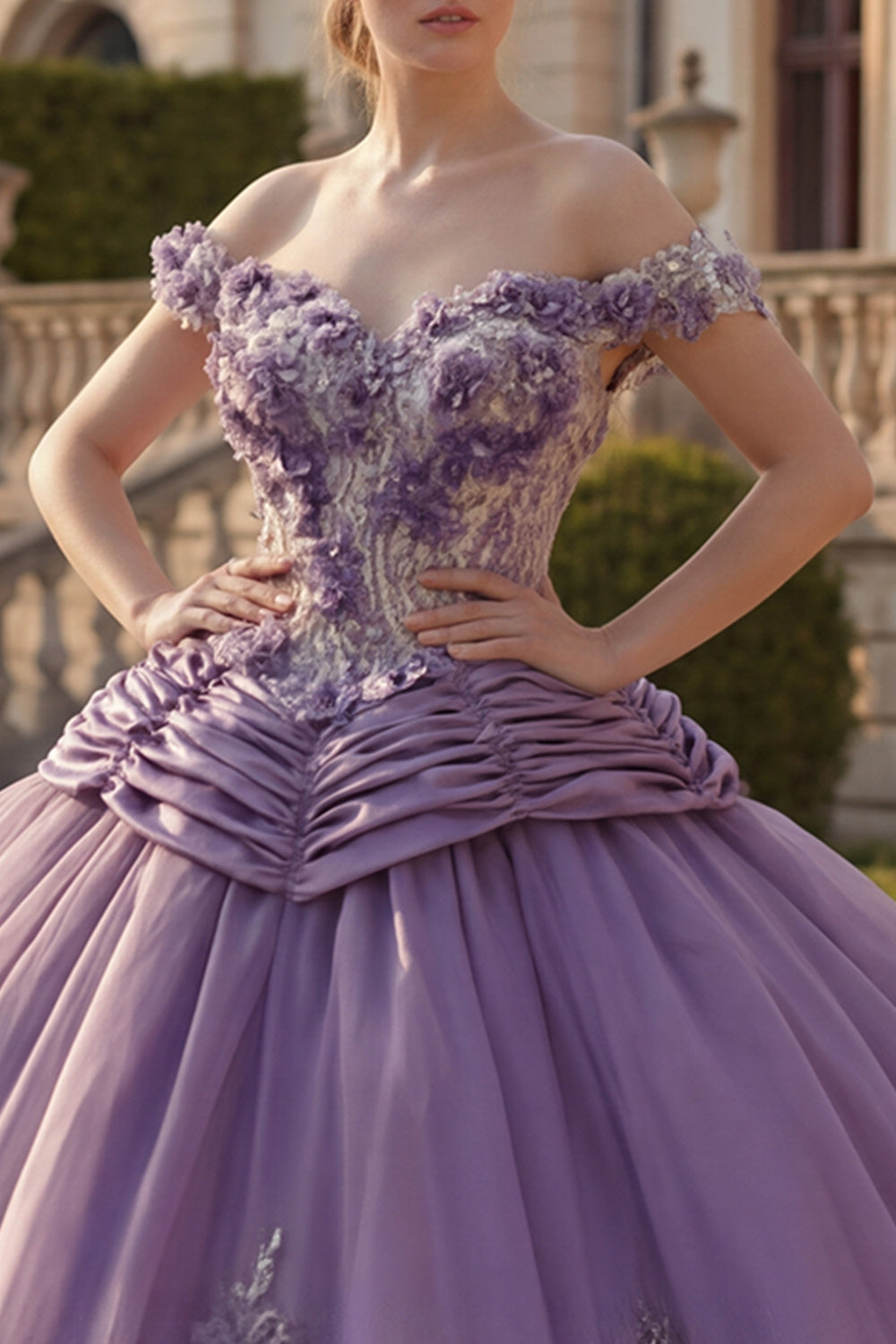 Purple Off the Shoulder Floral Ruched Princess Long Quinceanera Dress