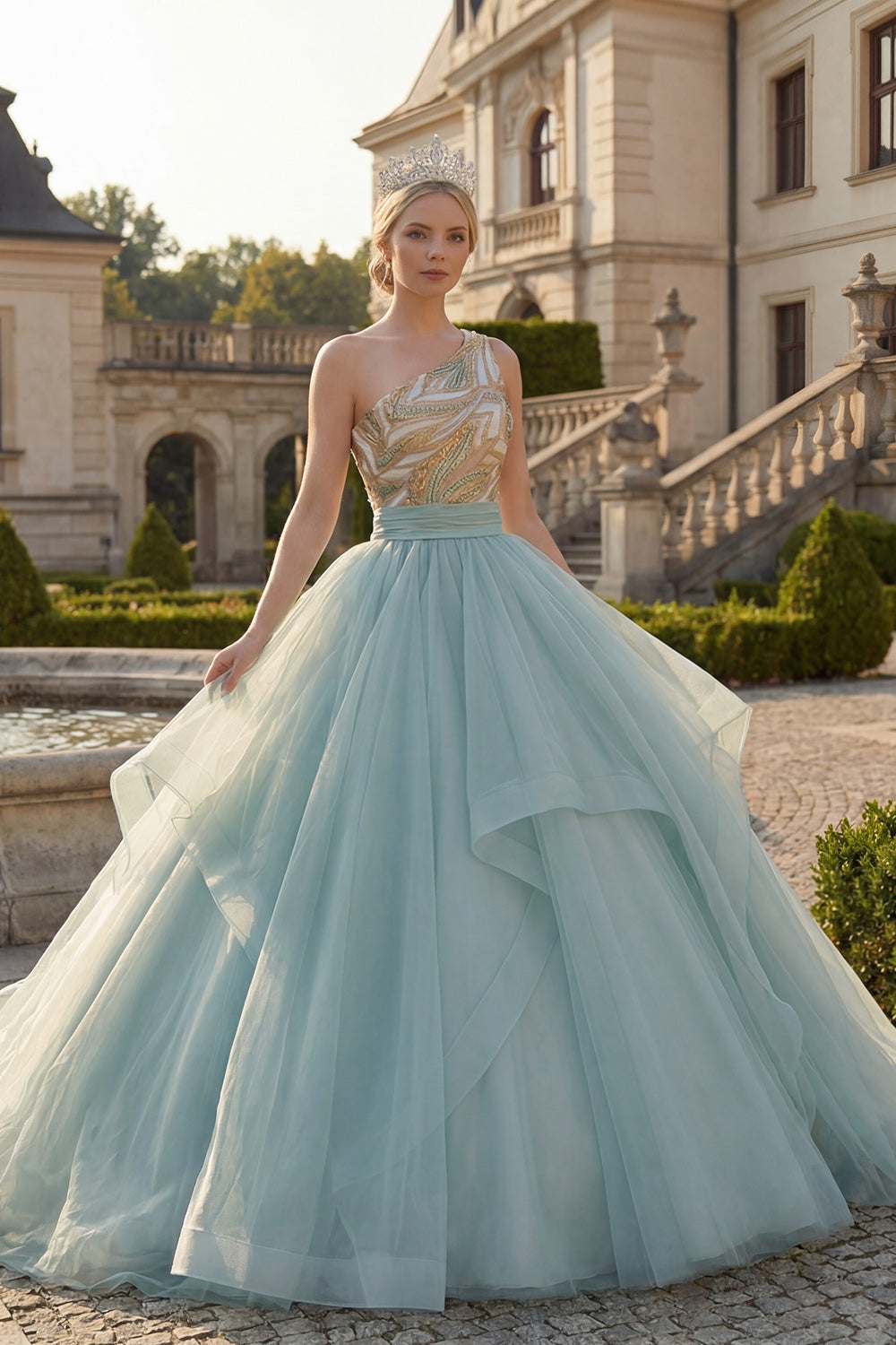 Sparkly Dusty Blue Long Sequin Princess Quinceanera Dress with Ruffles