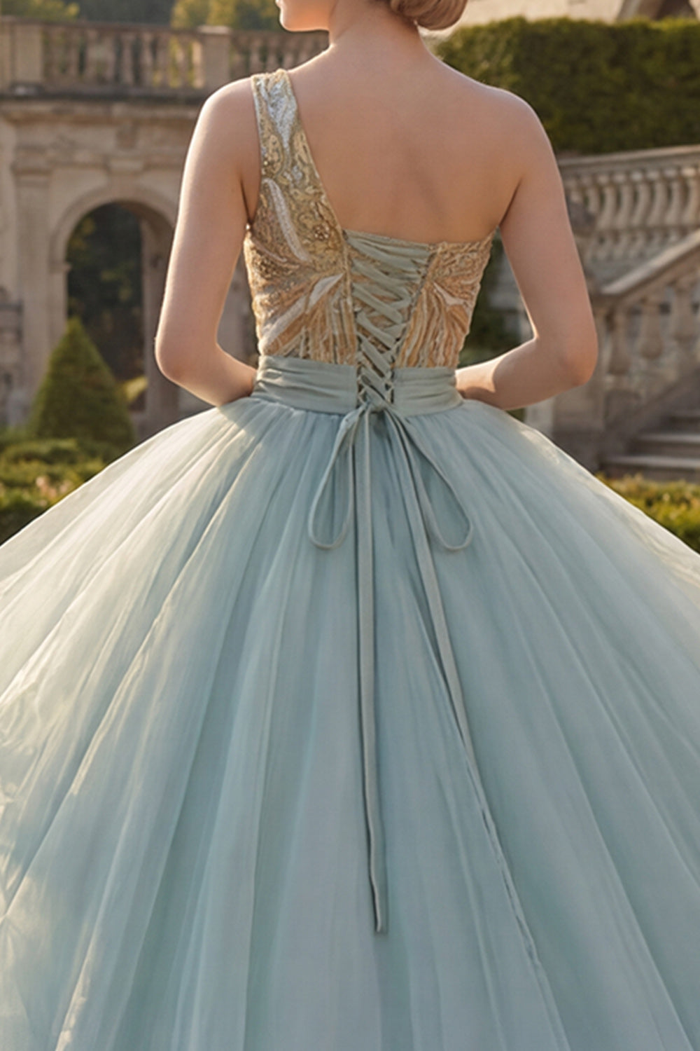 Sparkly Dusty Blue Long Sequin Princess Quinceanera Dress with Ruffles