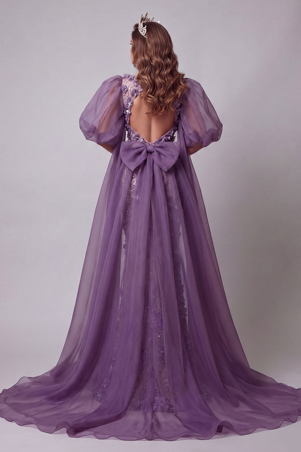 Sparkly Purple Mermaid Long Floral Beaded Puff Sleeves Pageant Dress with Cape