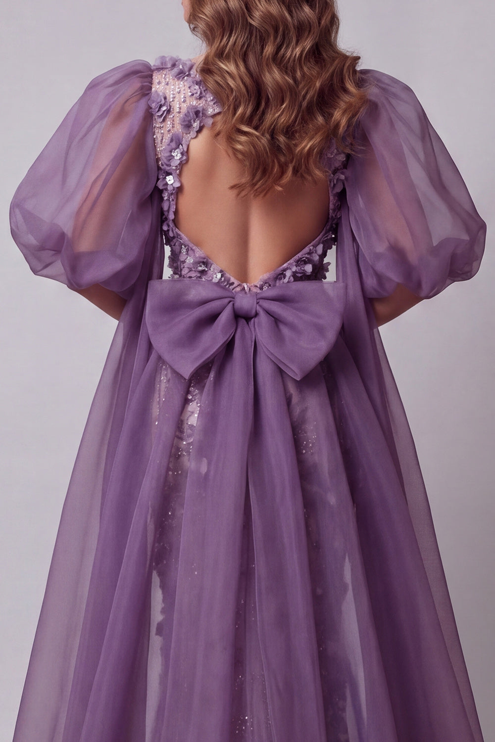 Sparkly Purple Mermaid Long Floral Beaded Puff Sleeves Pageant Dress with Cape