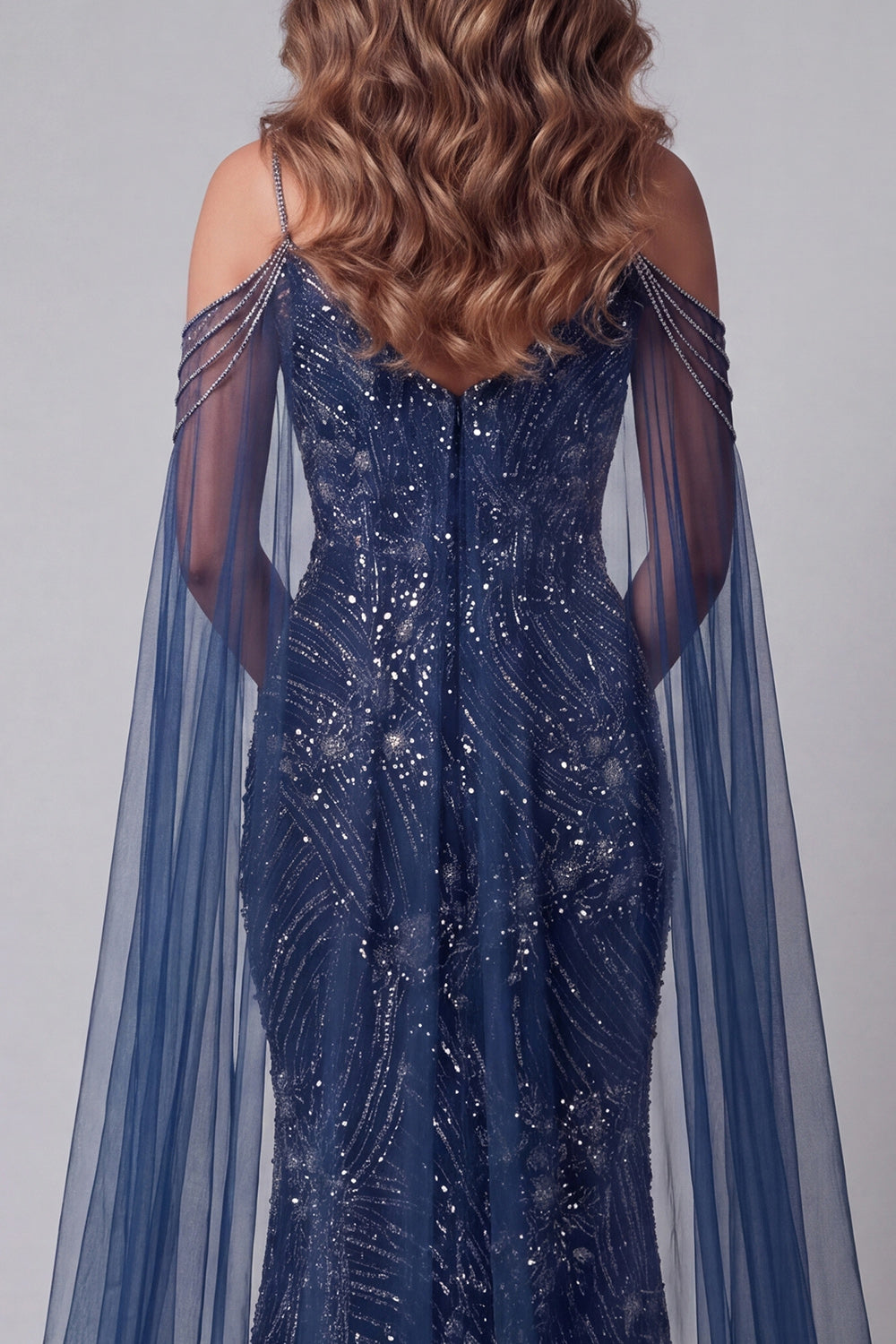 Sparkly Navy Cold Shoulder Mermaid Long Beaded Pageant Dress with Cape