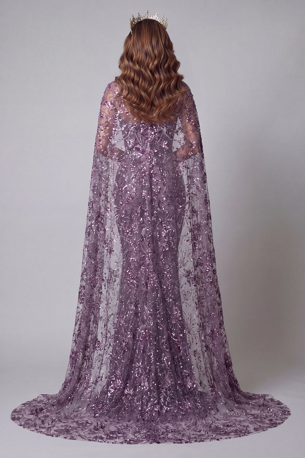 Strapless Mermaid Sparkly Purple Long Floral Beaded Pageant Dress with Cape
