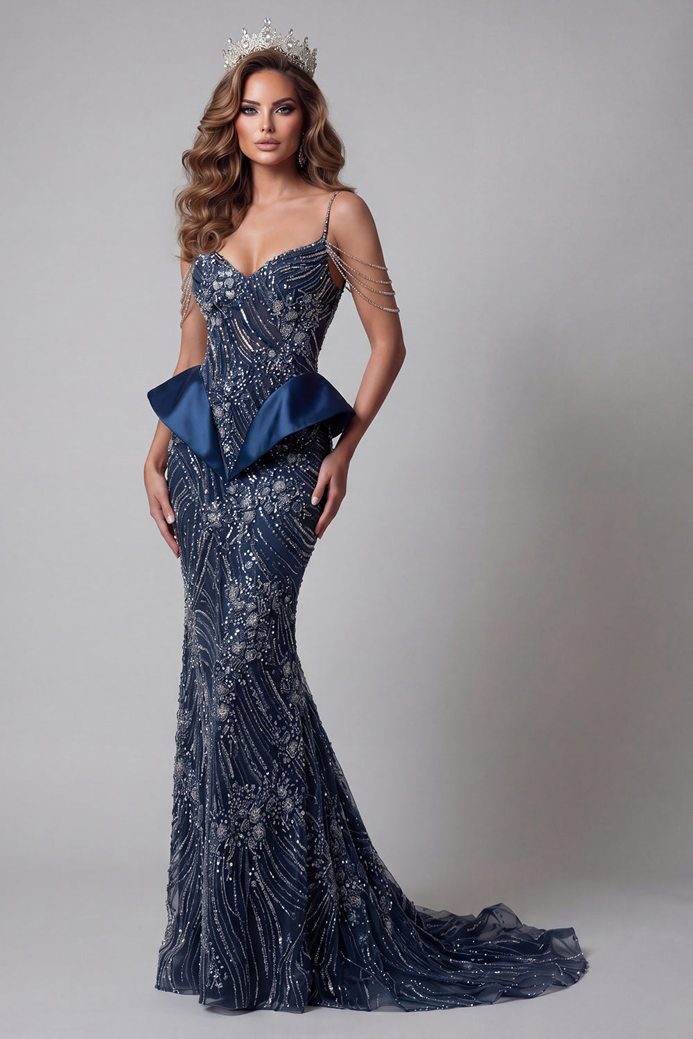 Sparkly Navy Mermaid Long Cold Shoulder Beaded Pageant Dress with Ruffles