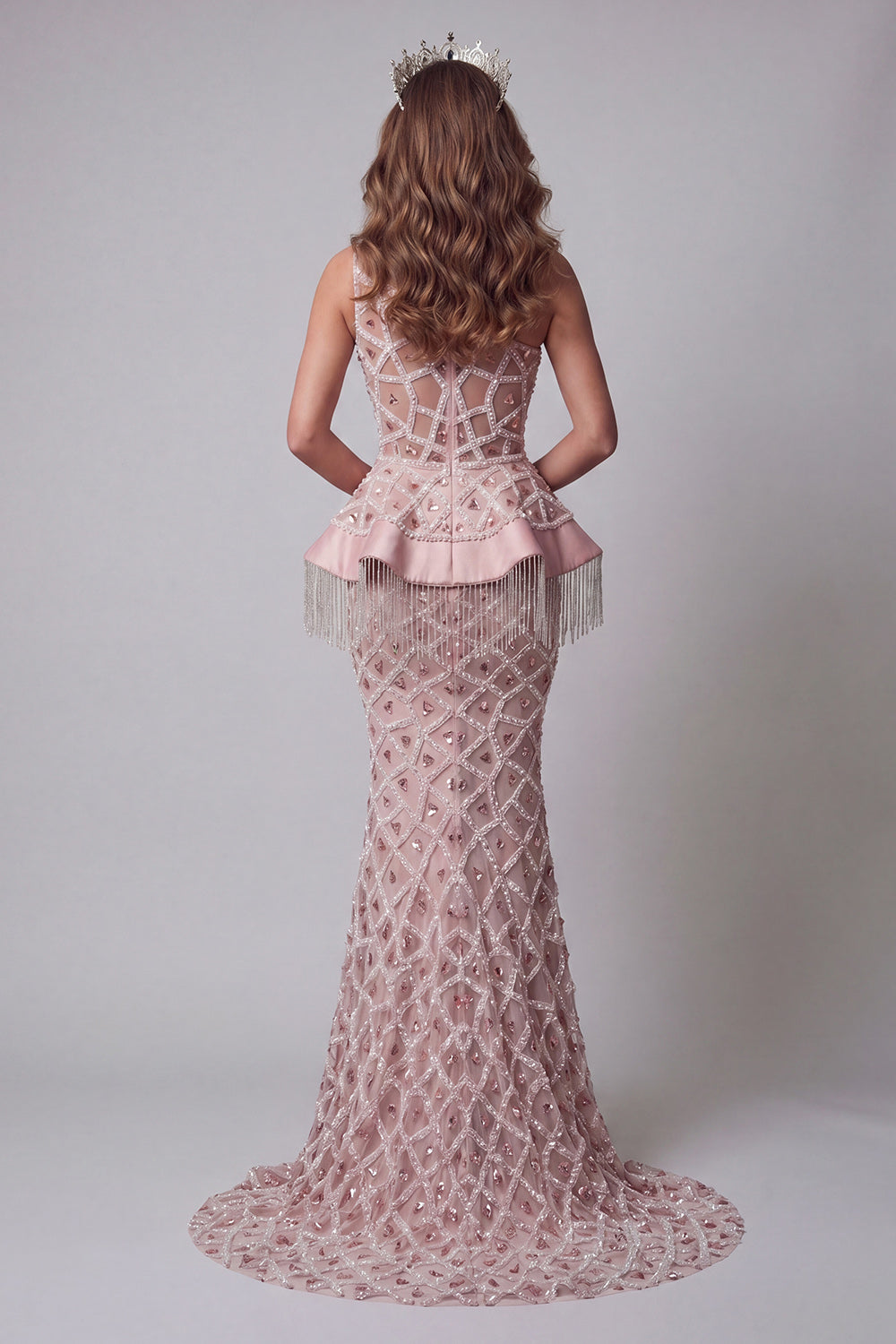 Sparkly Blush Mermaid One Shoulder Long Beaded Pageant Dress with Fringes