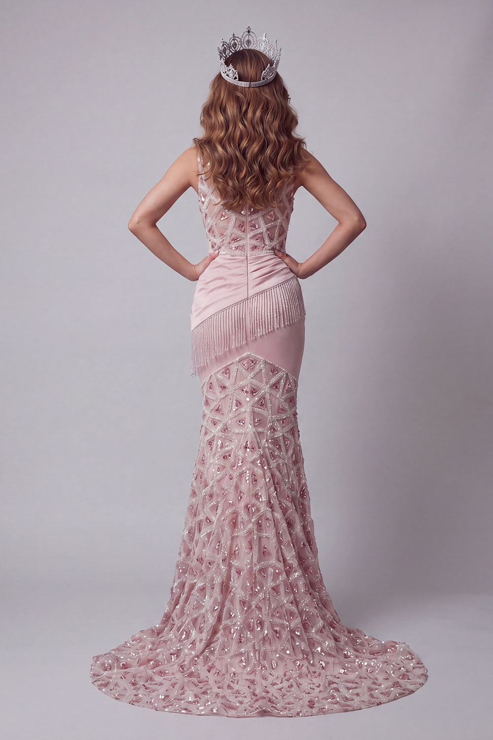 Long Beaded Sparkly Blush Ruched High Neck Mermaid Pageant Dress with Fringes