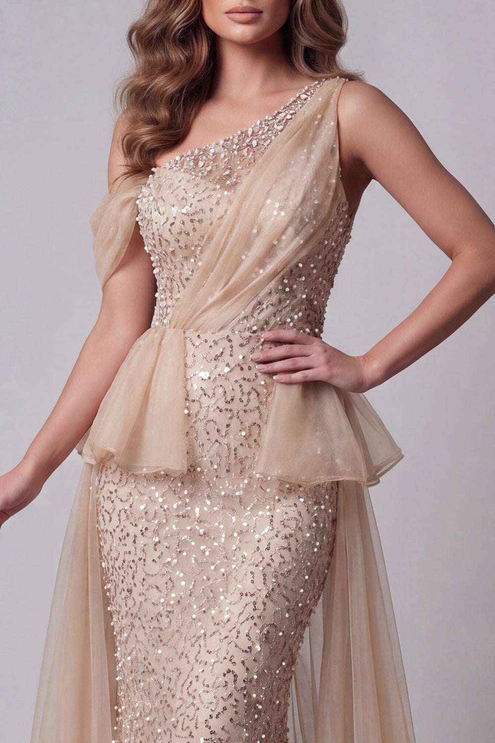 Sparkly Champagne Long Mermaid One Shoulder Beaded Pageant Dress with Pearls