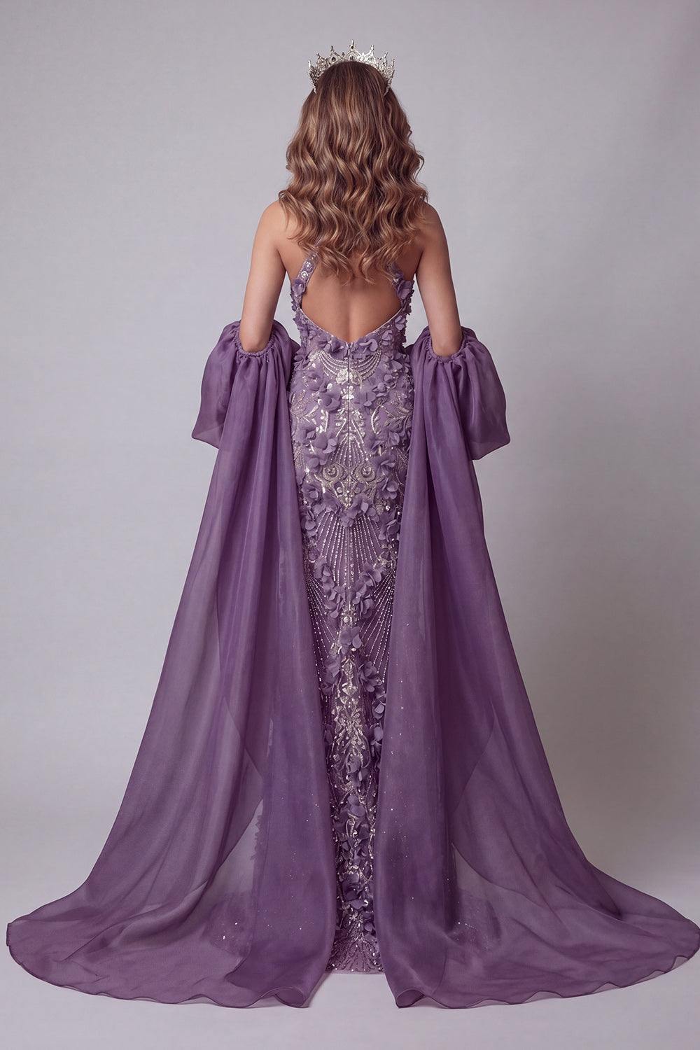 Sparkly Purple Halter Mermaid Long Floral Beaded Pageant Dress with Cape