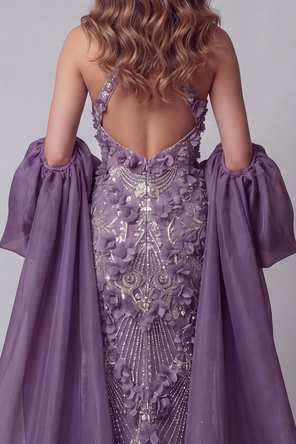 Sparkly Purple Halter Mermaid Long Floral Beaded Pageant Dress with Cape
