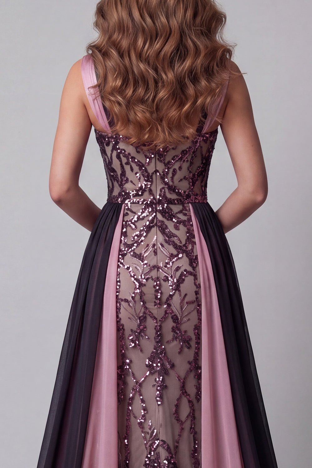 Sparkly Plum Mermaid Long Beaded Color Block Patchwork Pageant Dress with Cape