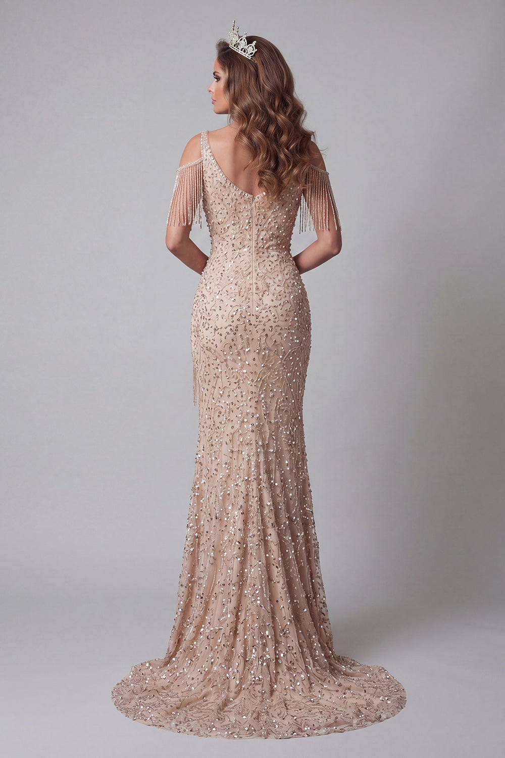 Sparkly Champagne Long V-Neck Mermaid Beaded Pageant Dress with Fringes