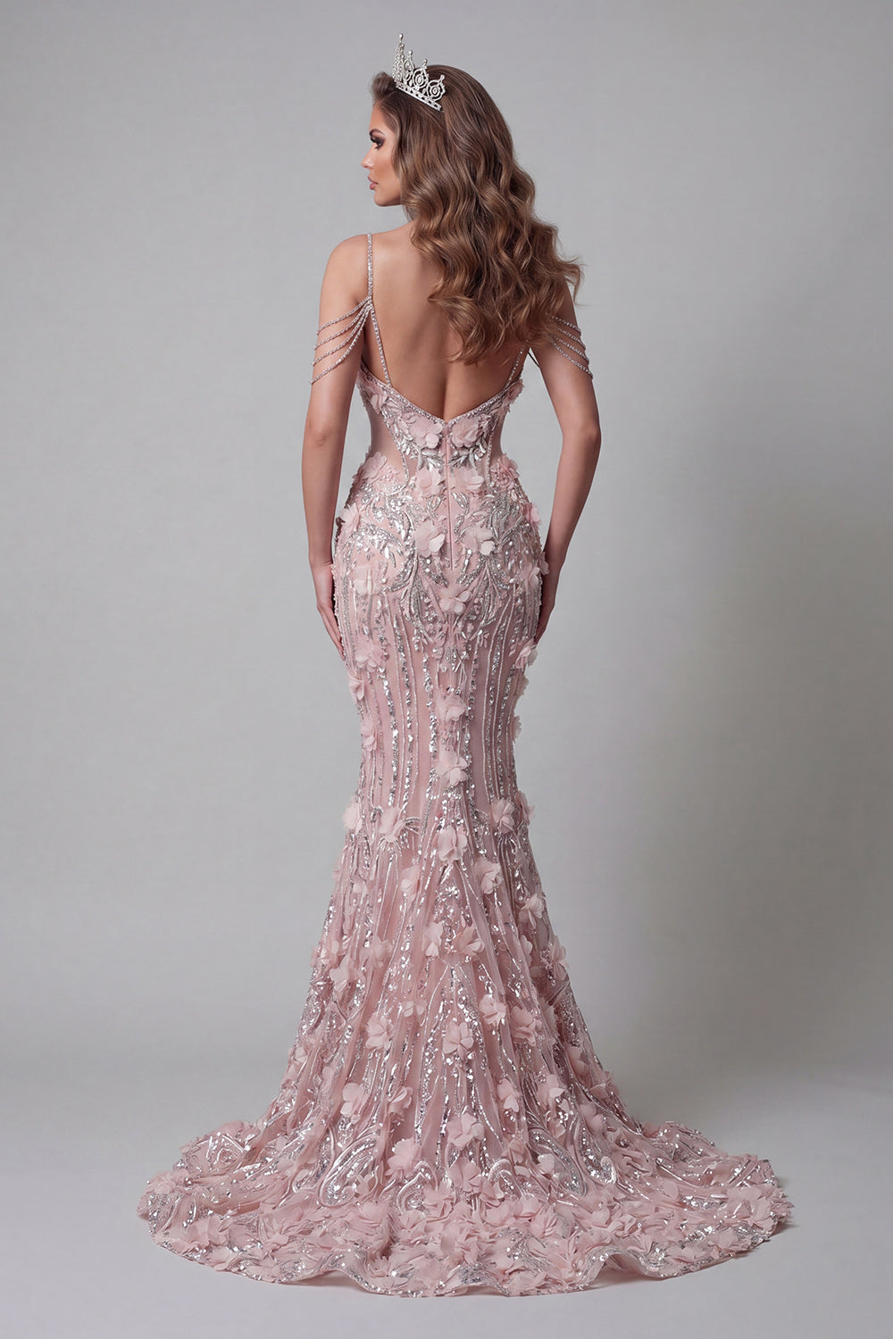 Cold Shoulder Sparkly Blush Long Beaded Mermaid Floral Pageant Dress