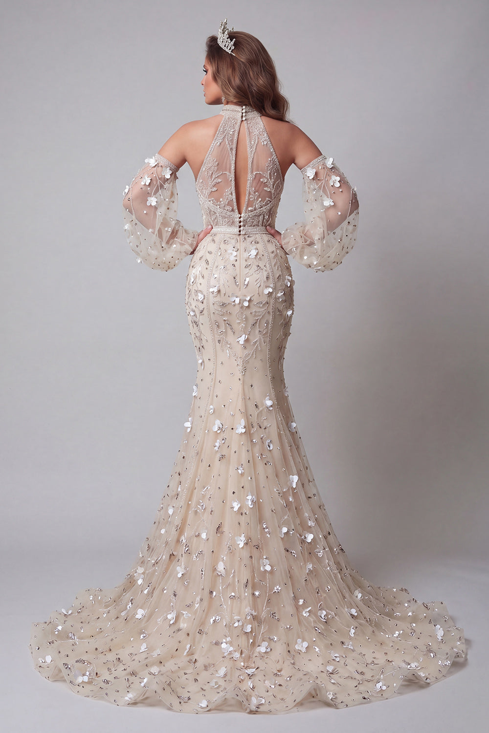 Long Sleeves High Neck Mermaid Sparkly Apricot Long Beaded Floral Pageant Dress