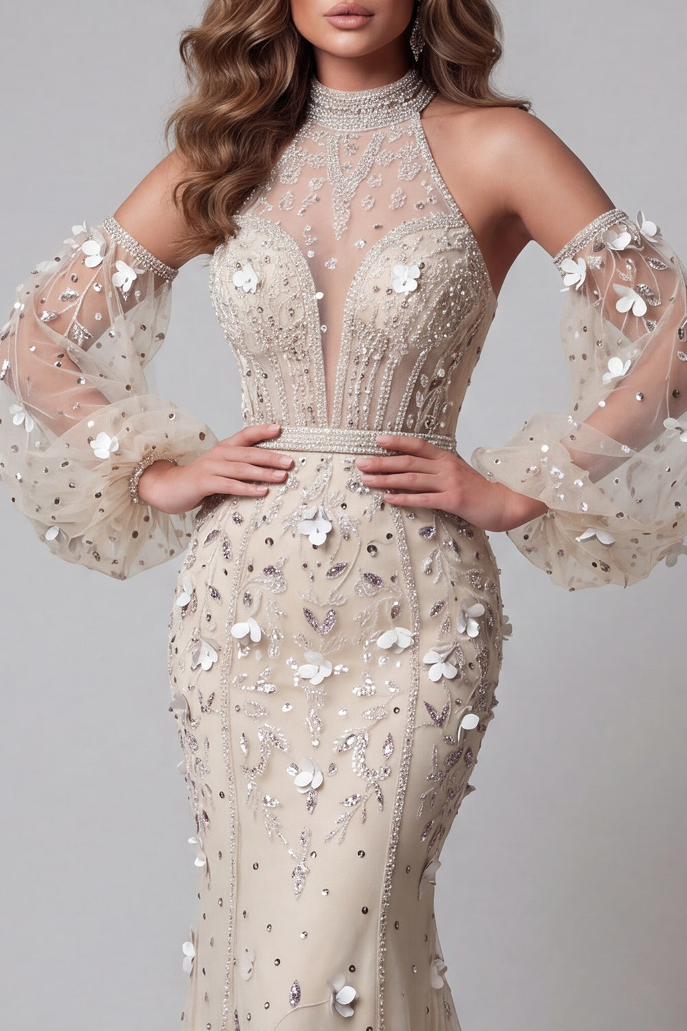 Long Sleeves High Neck Mermaid Sparkly Apricot Long Beaded Floral Pageant Dress