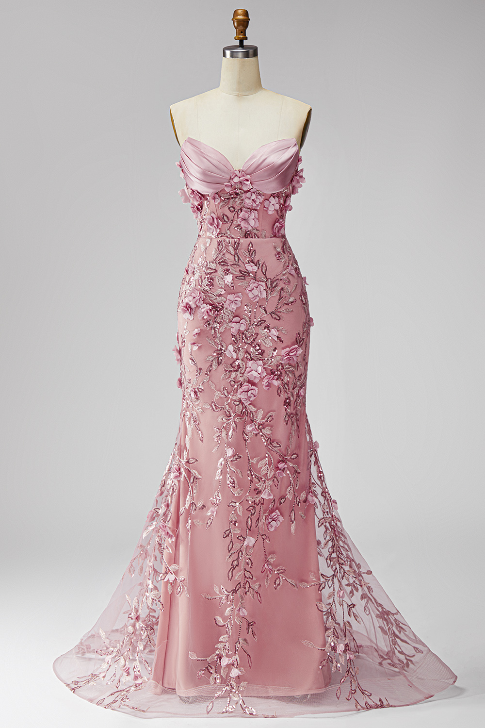 Sparkly Blush Beaded Floral Corset Mermaid Long Pageant Dress
