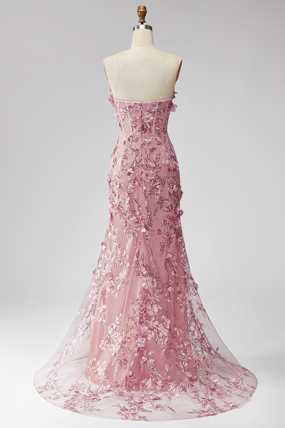 Sparkly Blush Beaded Floral Corset Mermaid Long Pageant Dress