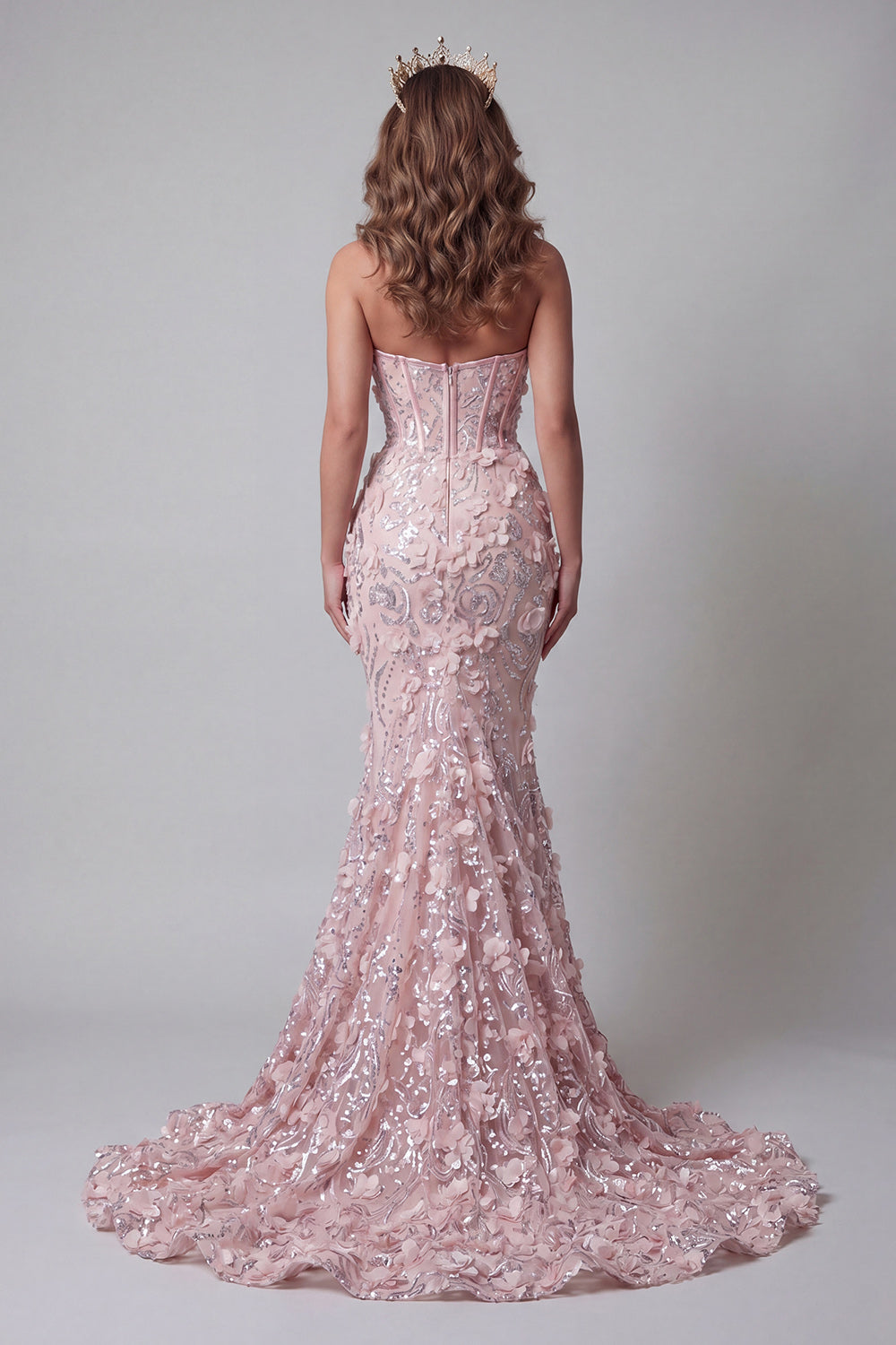 Sparkly Blush Beaded Floral Corset Mermaid Long Pageant Dress