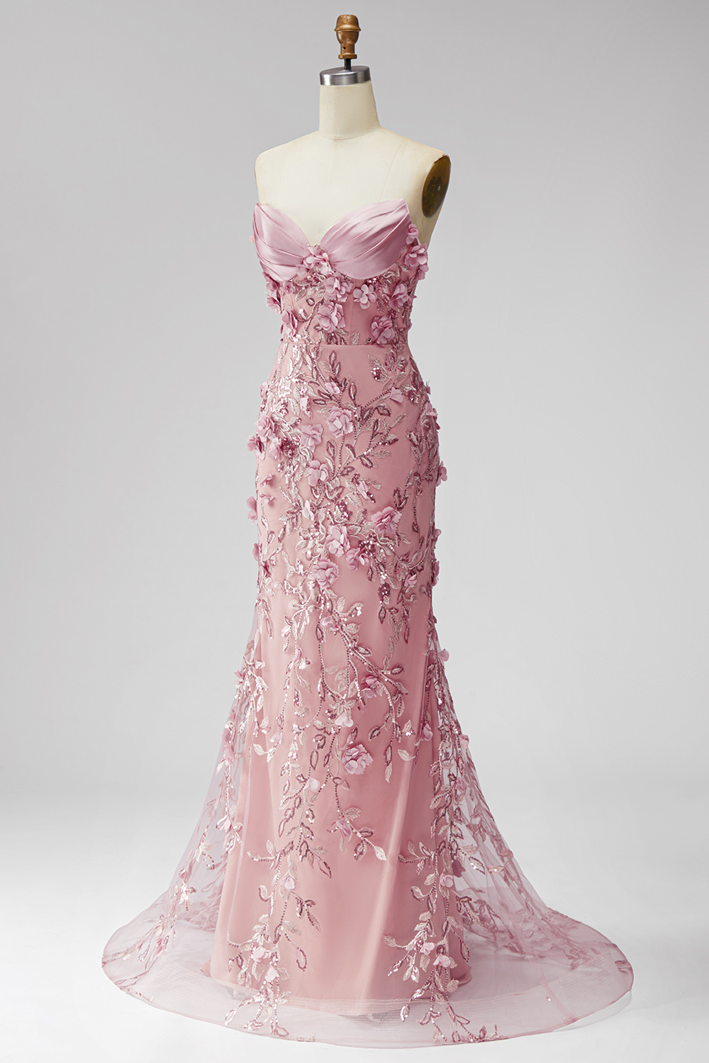Sparkly Blush Beaded Floral Corset Mermaid Long Pageant Dress