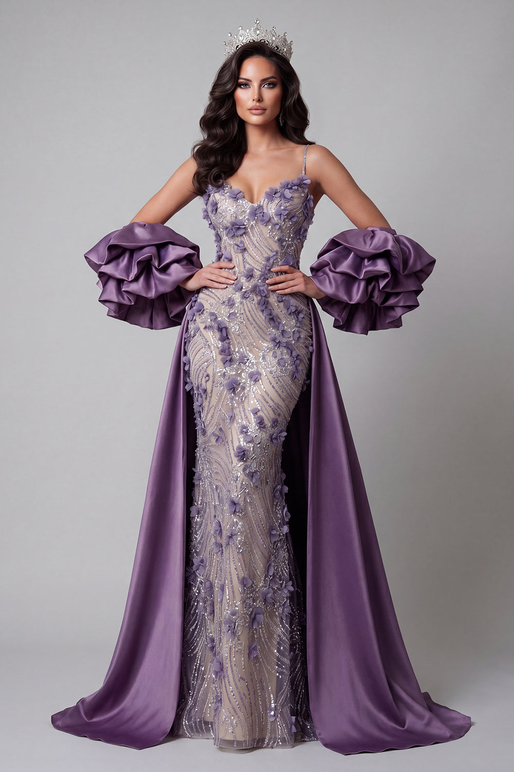 Sparkly Purple Spaghetti Straps Mermaid Long Floral Beaded Pageant Dress