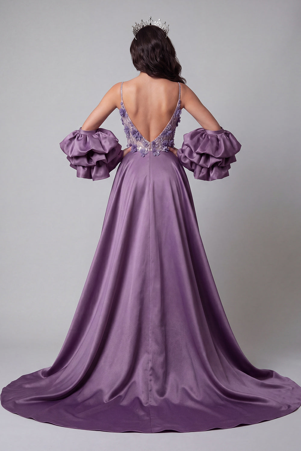 Sparkly Purple Spaghetti Straps Mermaid Long Floral Beaded Pageant Dress