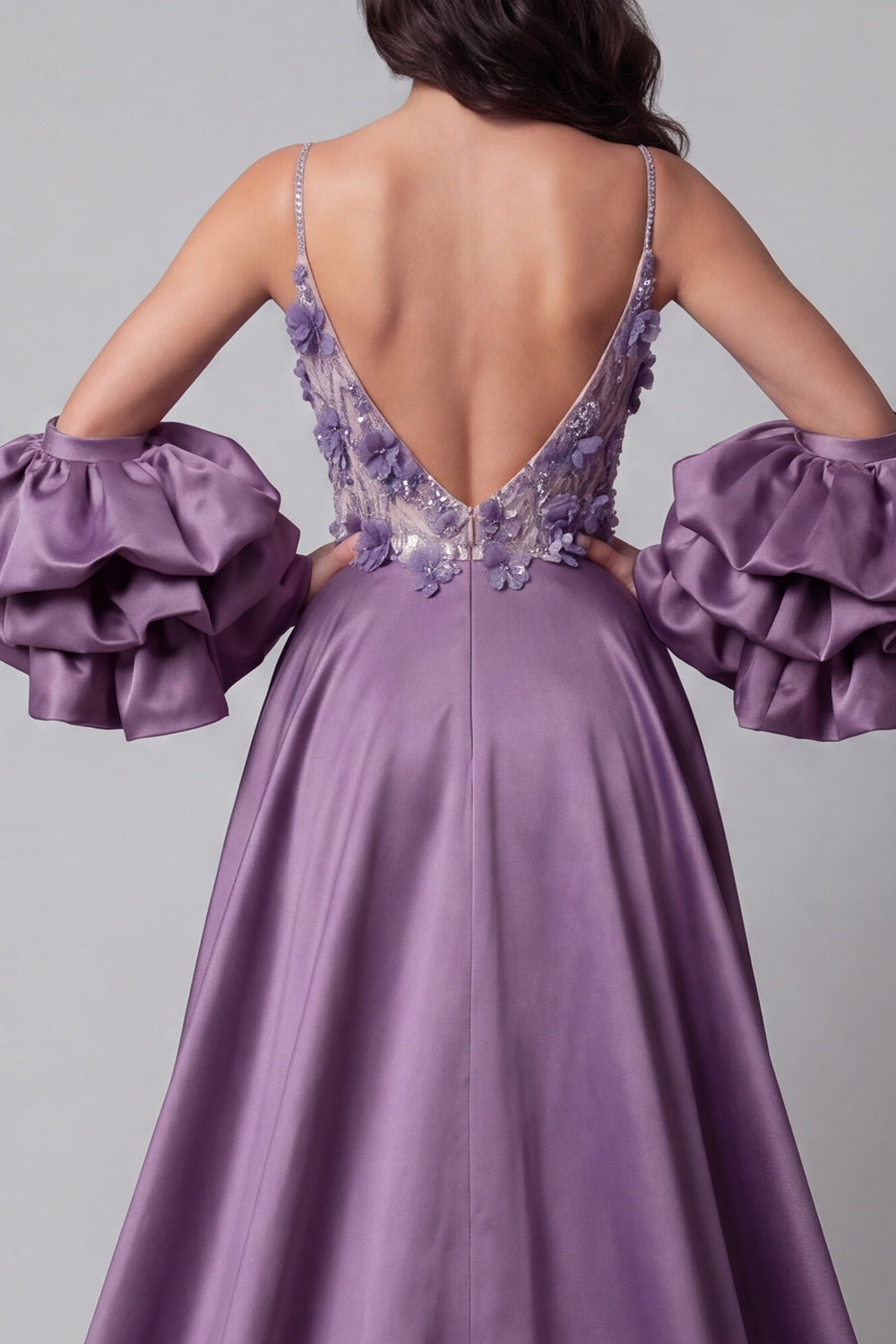 Sparkly Purple Spaghetti Straps Mermaid Long Floral Beaded Pageant Dress
