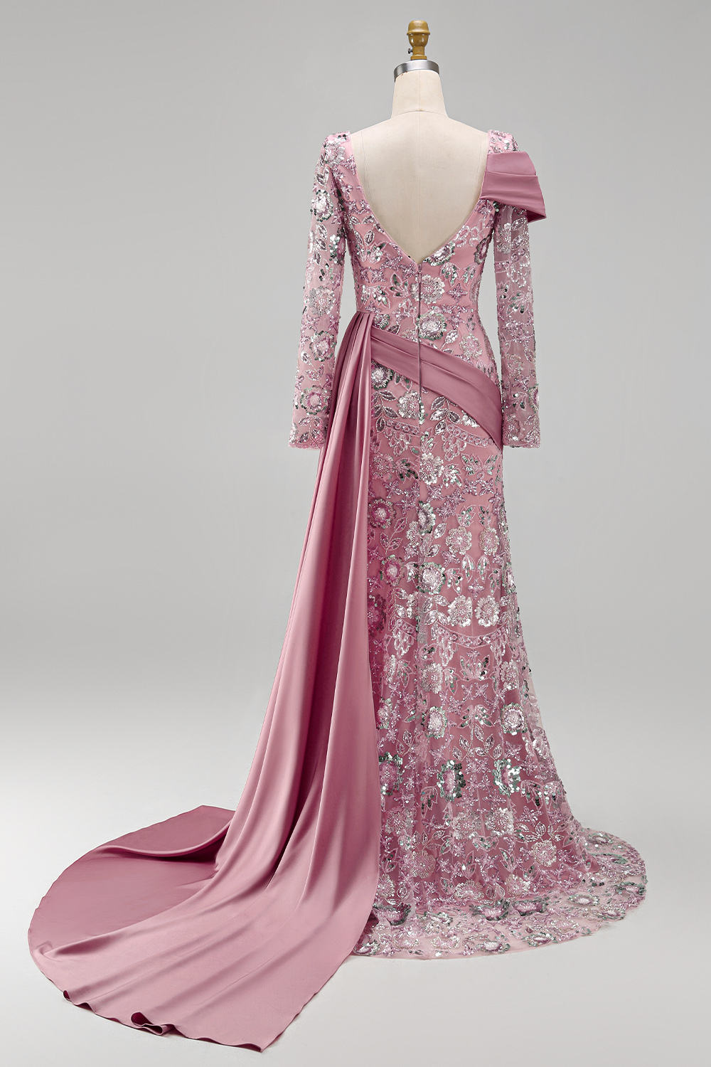 Sparkly Pink Long Beaded Mermaid Long Sleeves Floral Pageant Dress with Side Cape