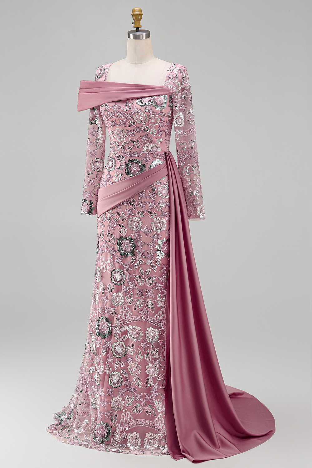 Sparkly Pink Long Beaded Mermaid Long Sleeves Floral Pageant Dress with Side Cape