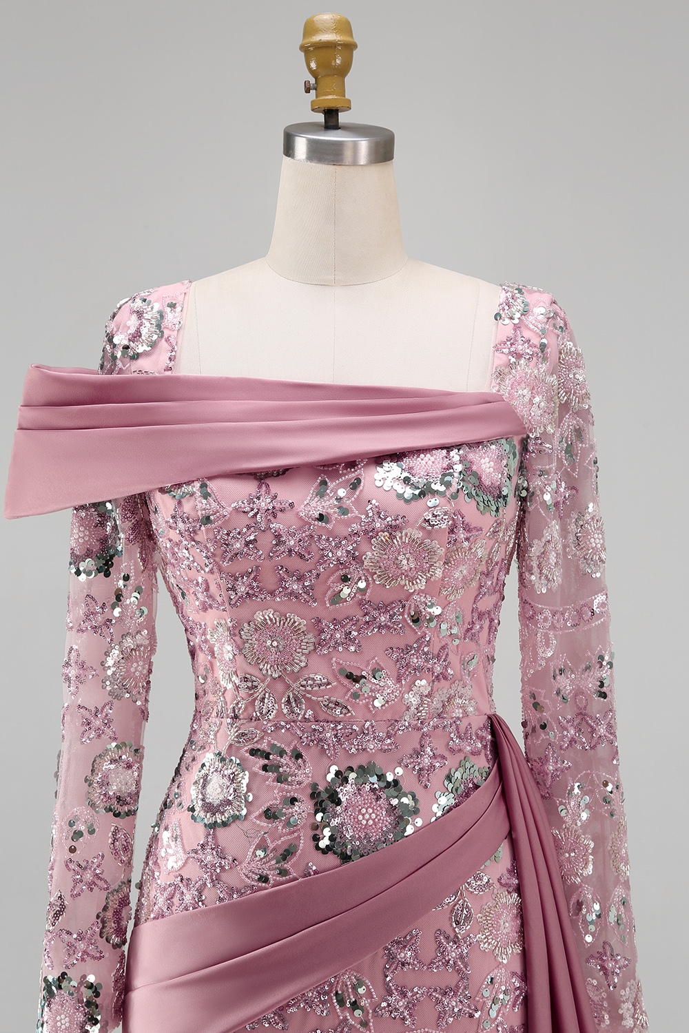 Sparkly Pink Long Beaded Mermaid Long Sleeves Floral Pageant Dress with Side Cape