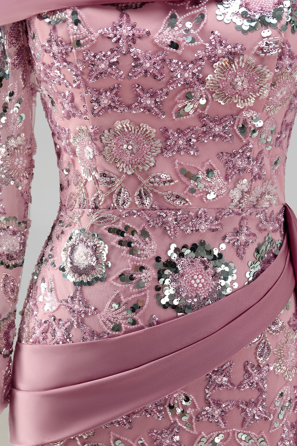 Sparkly Pink Long Beaded Mermaid Long Sleeves Floral Pageant Dress with Side Cape
