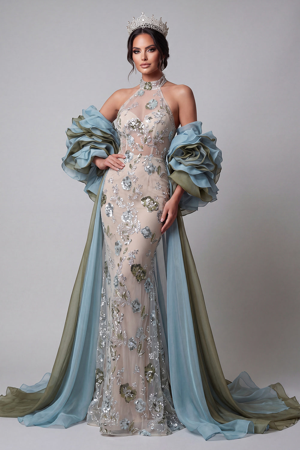 Sparkly Champagne Mermaid Ruffled Beaded Floral Long Pageant Dress with Cape