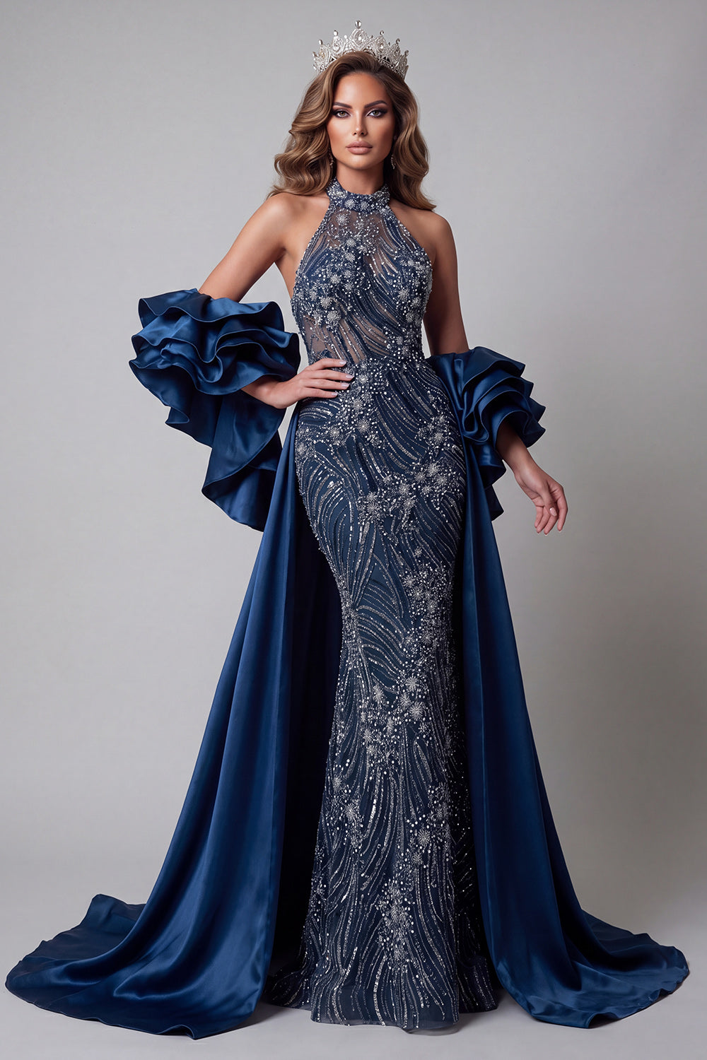 Long Beaded Sparkly Navy Mermaid Ruffled Pageant Dress with Cape
