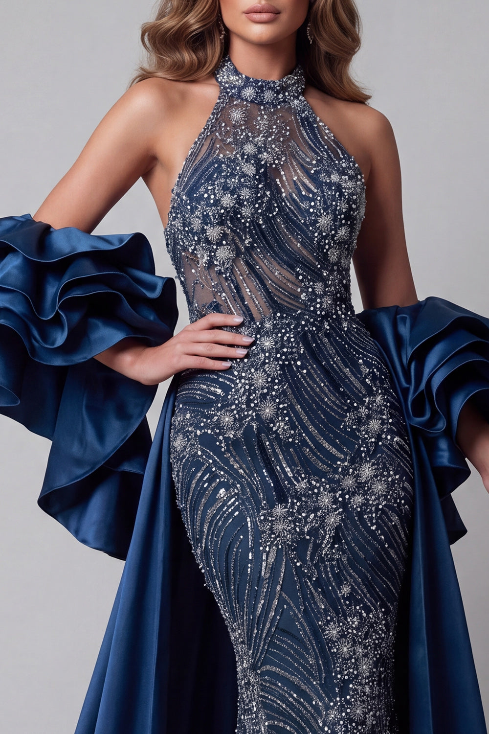 Long Beaded Sparkly Navy Mermaid Ruffled Pageant Dress with Cape