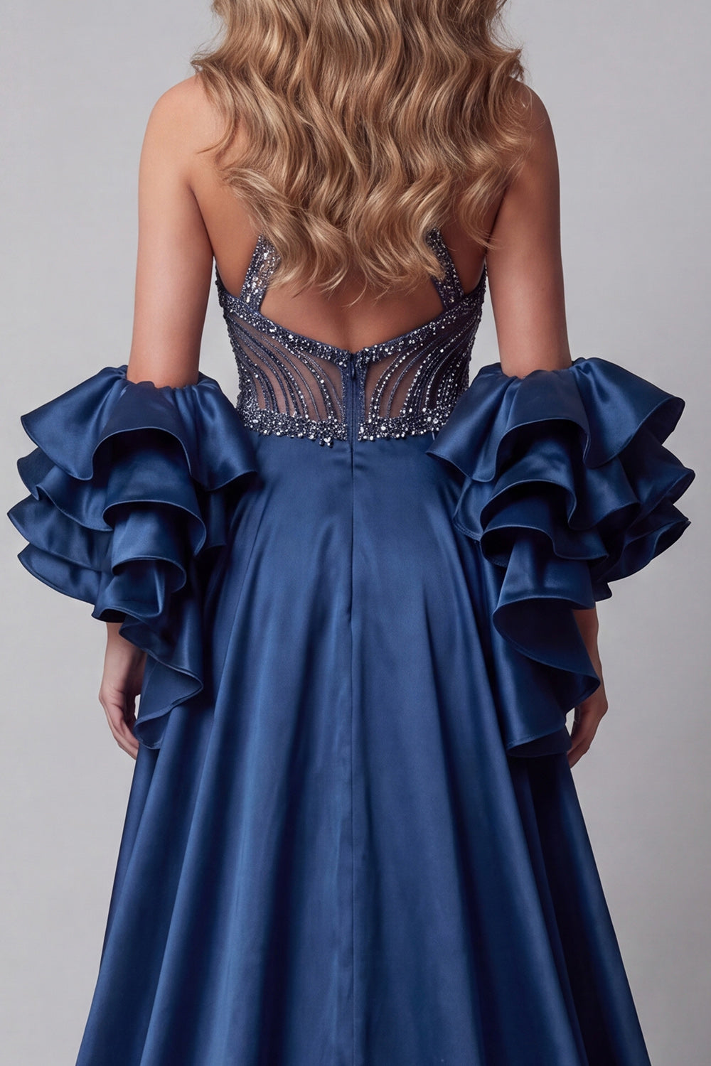 Long Beaded Sparkly Navy Mermaid Ruffled Pageant Dress with Cape