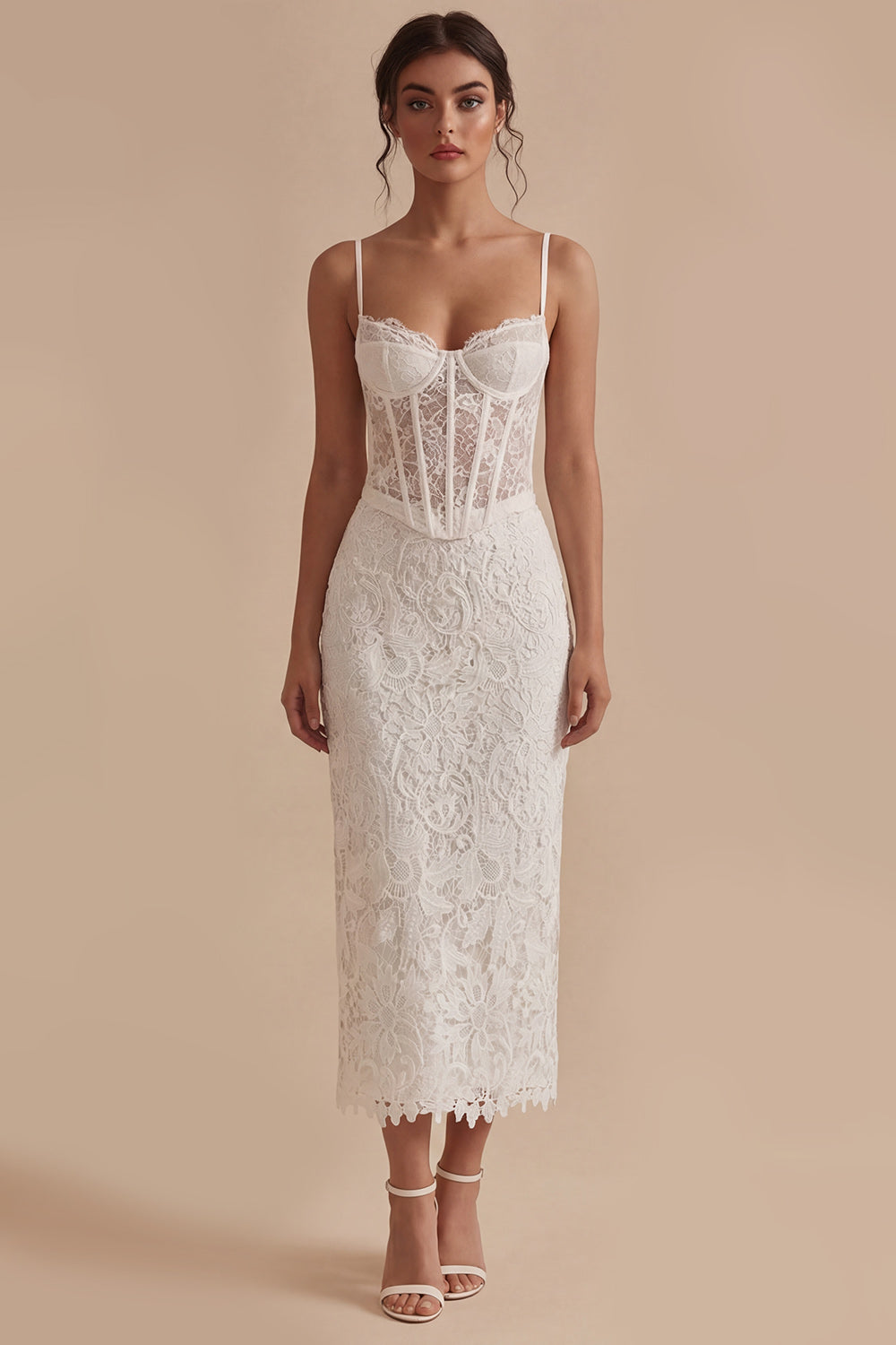 Spaghetti Straps Sheath Maxi Floral Lace Corset White Boho Bridal Shower Dress