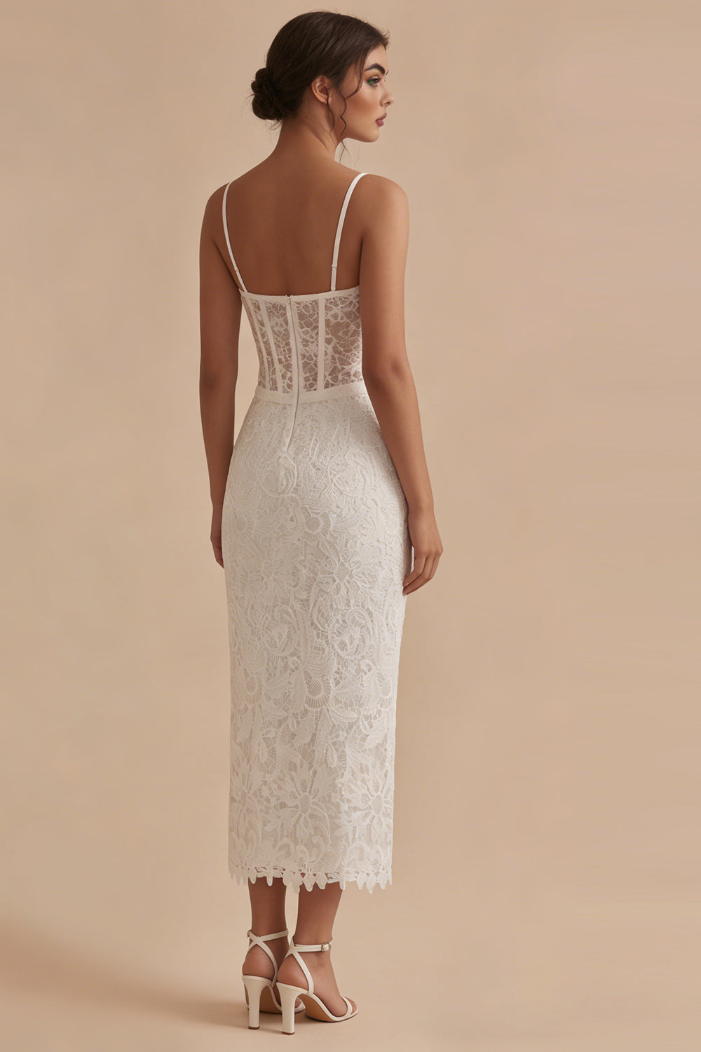 Spaghetti Straps Sheath Maxi Floral Lace Corset White Boho Bridal Shower Dress