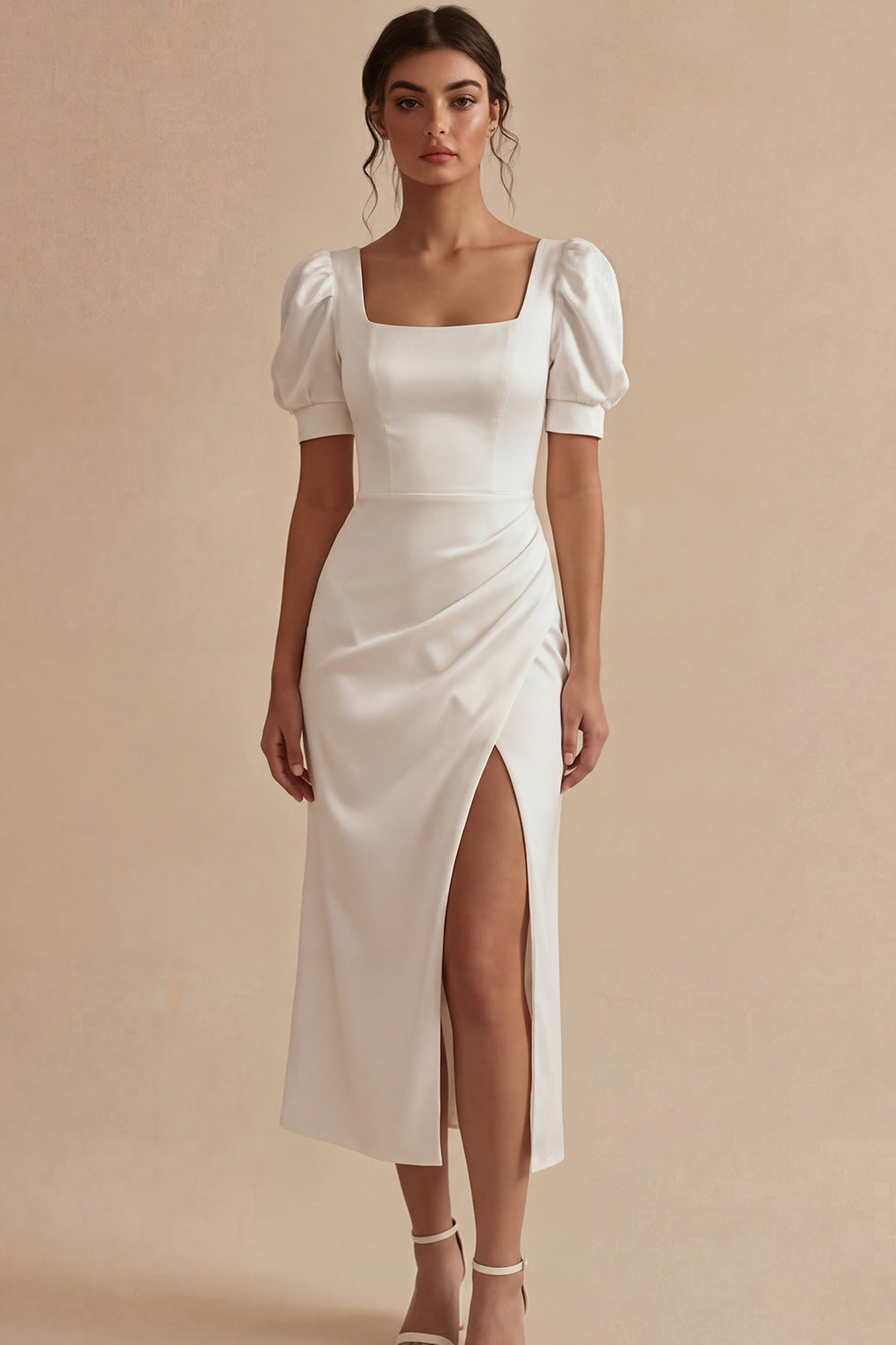 Puff Sleeves Sheath Ruched Maxi White Bridal Shower Dress with Slit