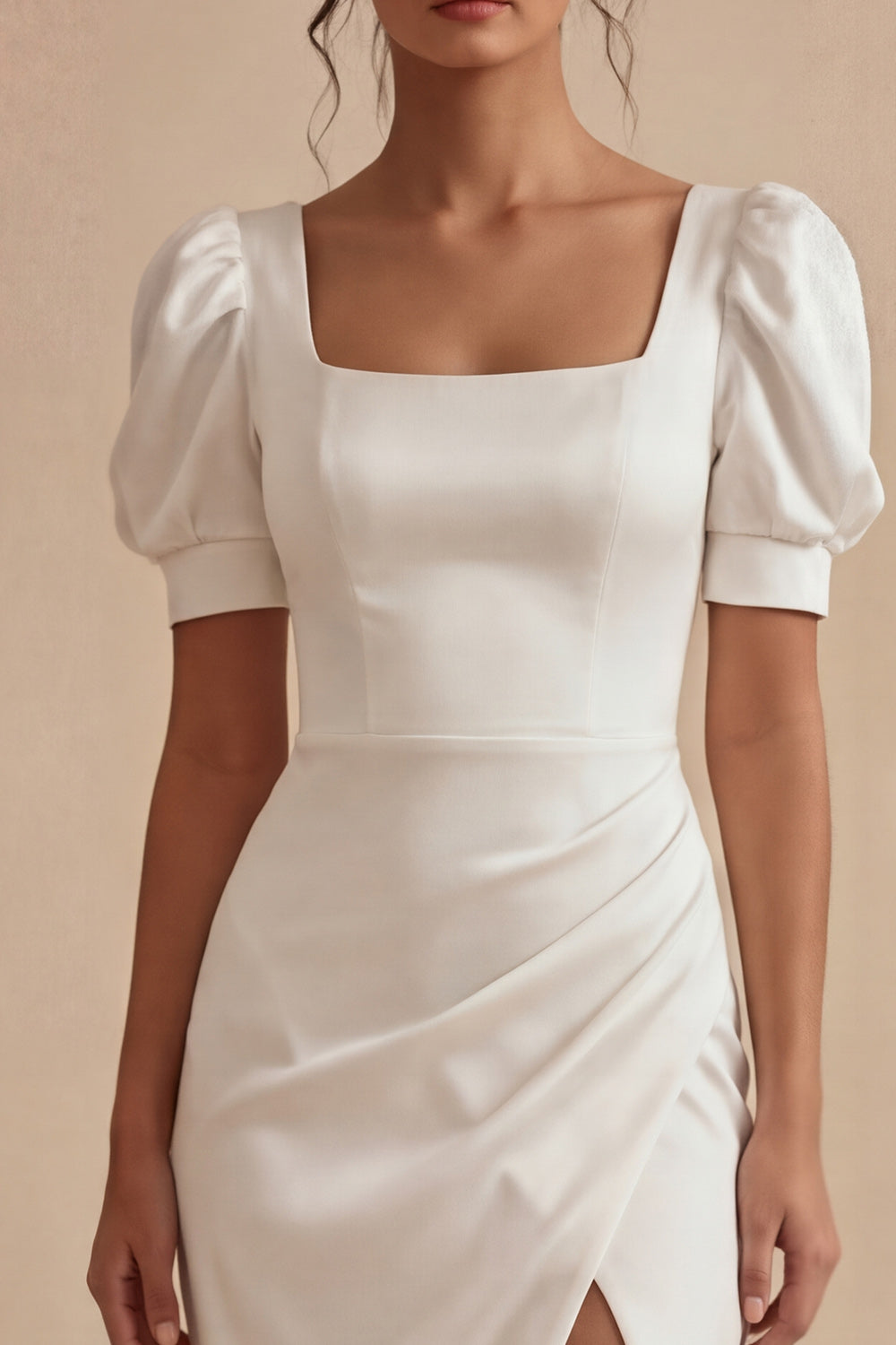 Puff Sleeves Sheath Ruched Maxi White Bridal Shower Dress with Slit