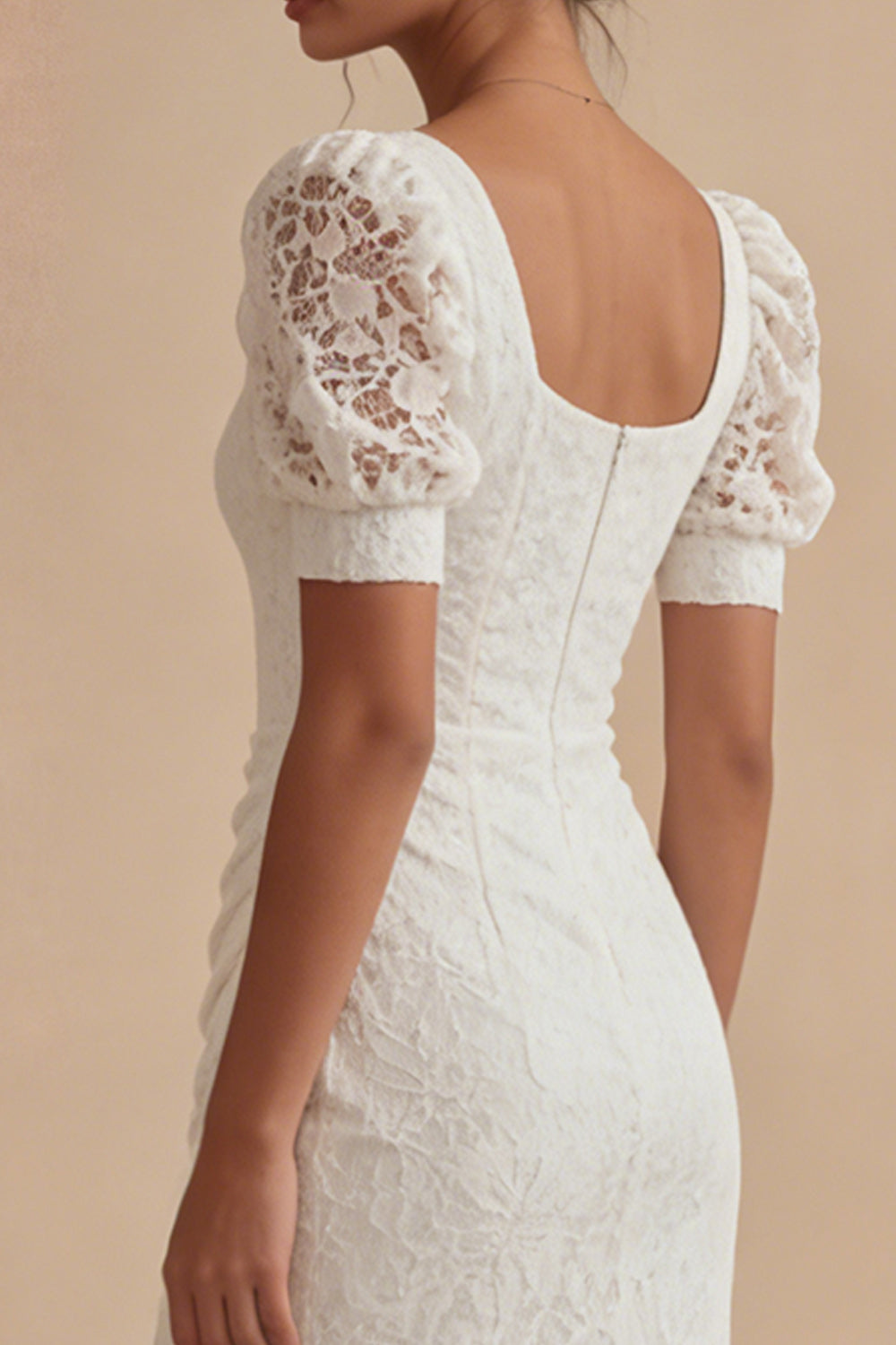 Lace Square Neck Sheath Ruched Maxi White Boho Bridal Shower Dress with Slit