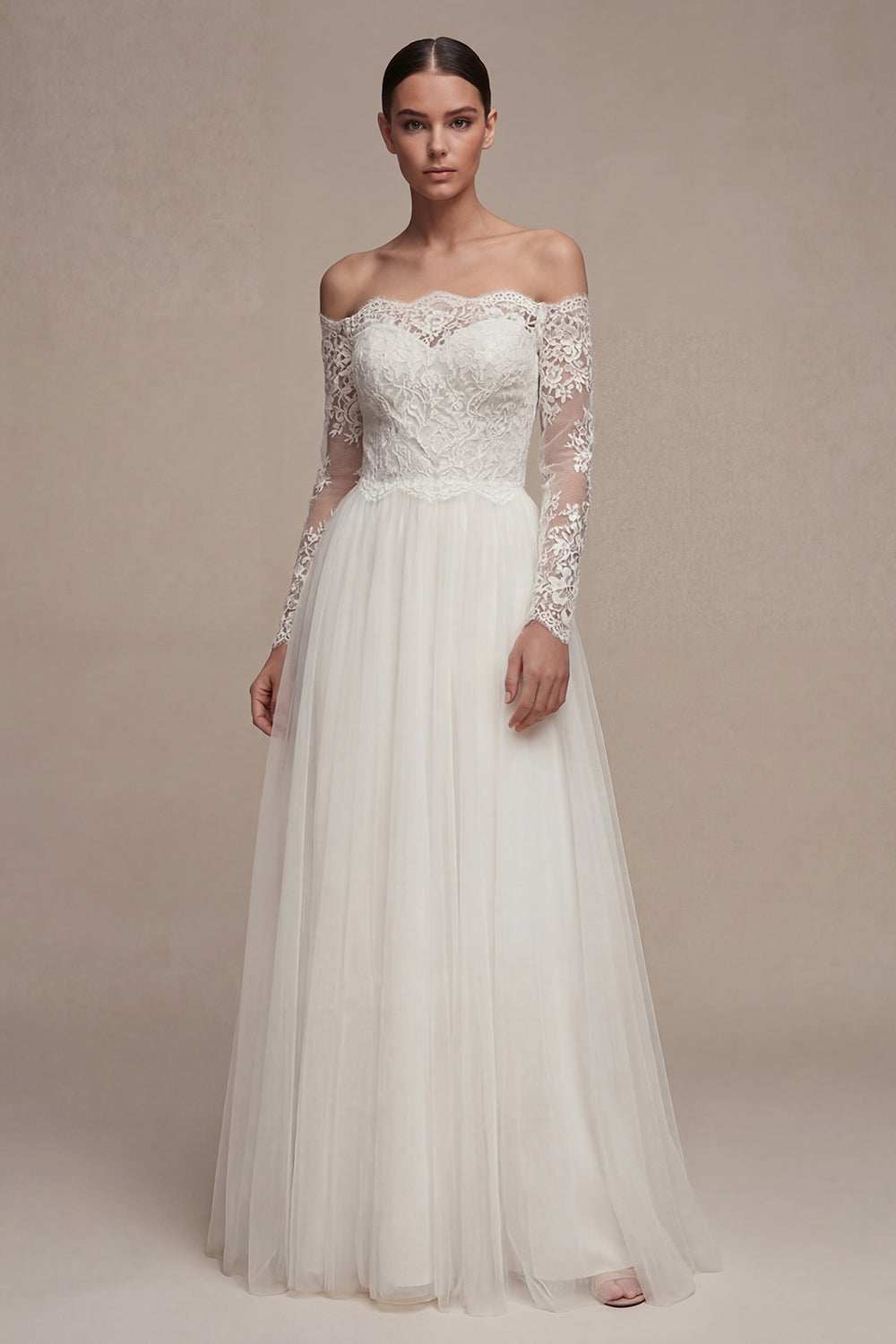 Long Sleeves Floral White Maxi A Line Wedding Reception Dress with Lace