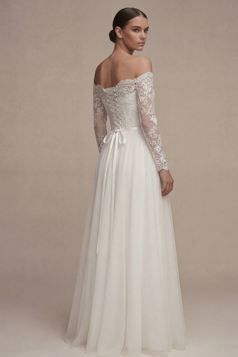 Long Sleeves Floral White Maxi A Line Wedding Reception Dress with Lace